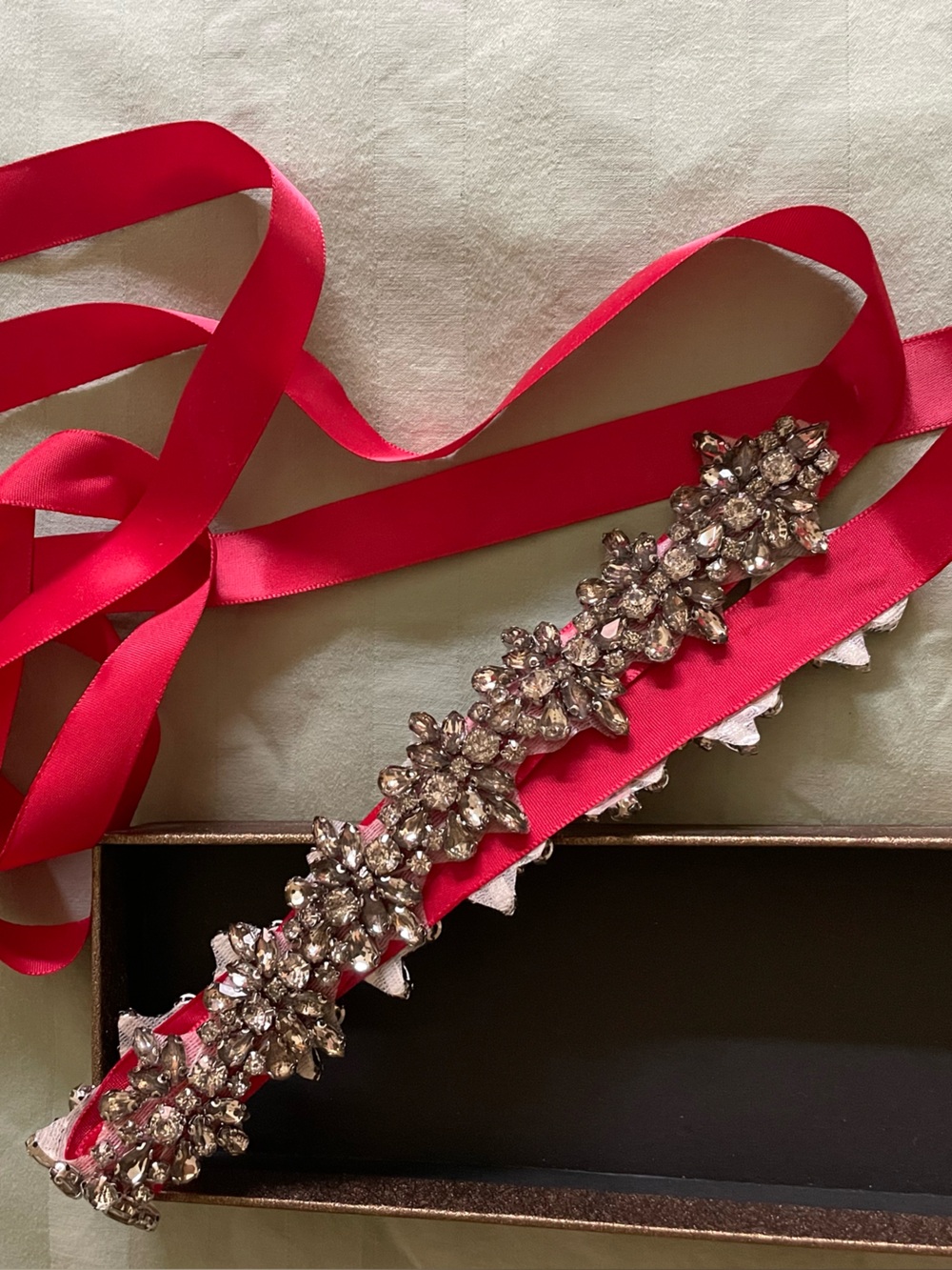 Crystal-Embellished bright red Ribbon Belt